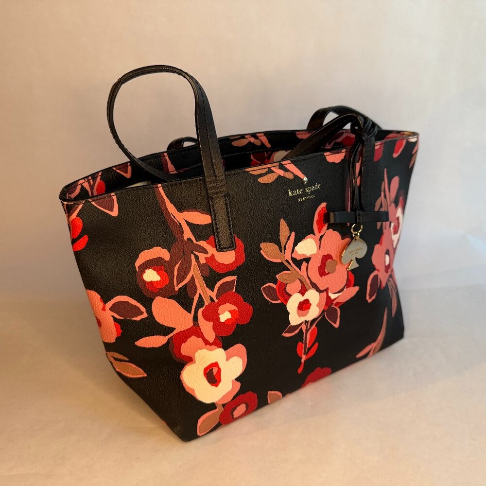 Kate Spade Bags | Kate Spade Black/Pink Flower Themed Clasp Top Tote